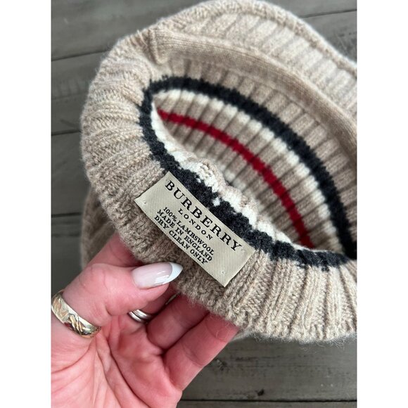 BURBERRY London Brimmed Lambswool Wool Hat Cap Beanie Brit Print Stripe Y2K - Picture 6 of 8